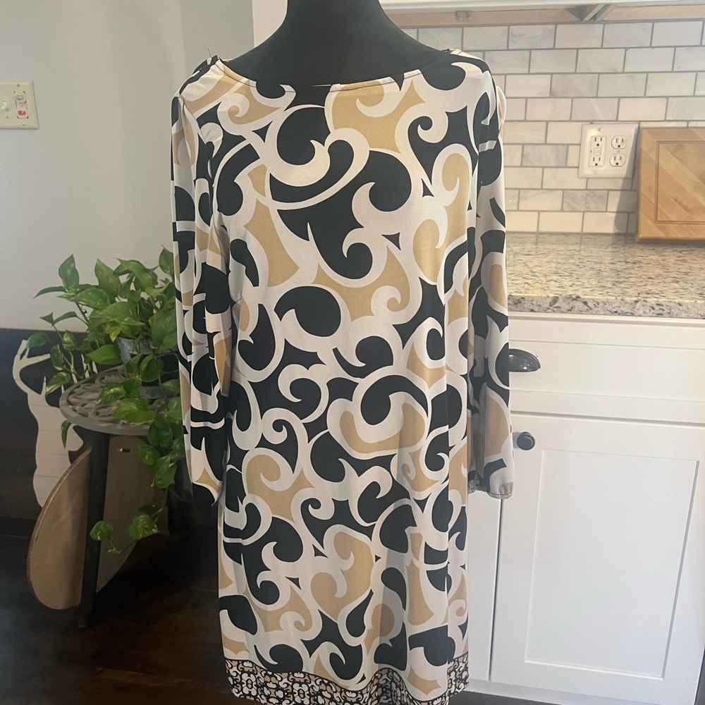 Style & Co Black and Tan Cocktail Sheath Dress with Bateau Neckline